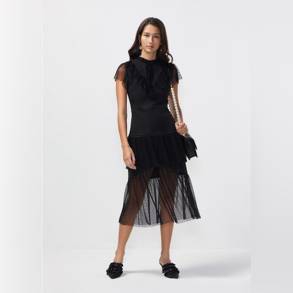 J.O.A Ruffle Tiered Mock Neck Wednesday Addams Black Midi Dress